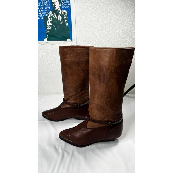 Vintage Zodiac Leather Boots Western Boho Mid-Calf Toe Taps Straps Brown 8.5 - Picture 6 of 12